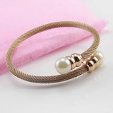 Women's Rose Cable Wire Cuff Titanium Steel Pearl Bangle Bracelet