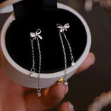 Summer Style 925 Silver Bow Tassel Earrings with Zircon