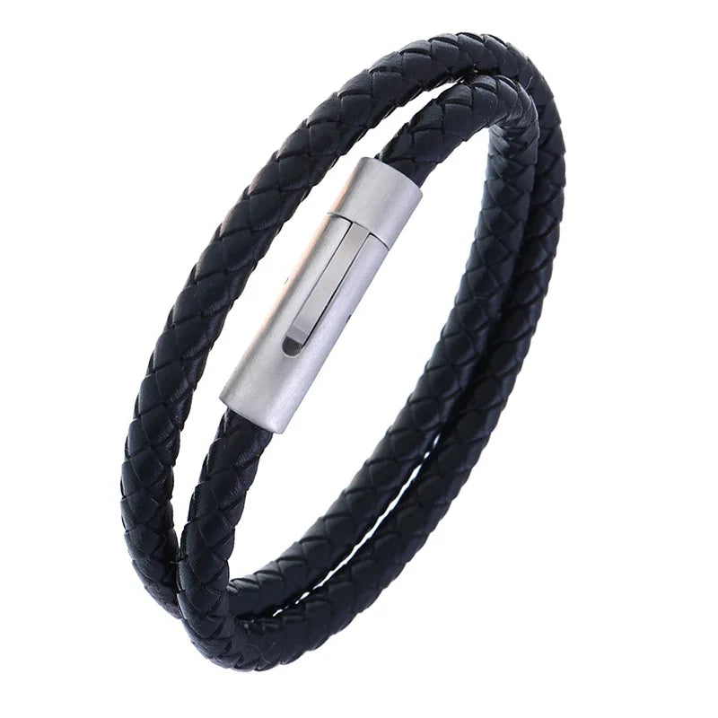 Men's Titanium Steel 2 Circle Leather Bracelet