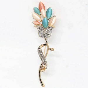 Crystal Flower Brooch Colorful Cat Eyes Silver Gold Pin