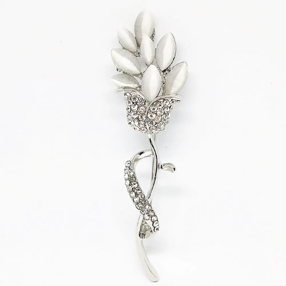 Crystal Flower Brooch Colorful Cat Eyes Silver Gold Pin