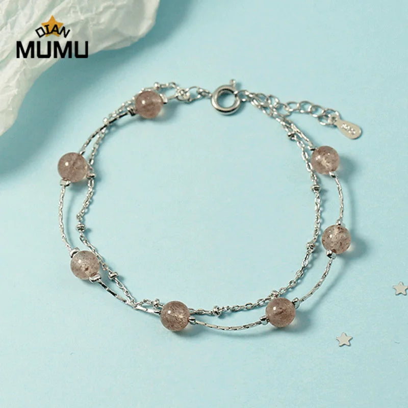 Multilayer Natural Double Moonstone Strawberry Crystal Bracelet
