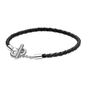 100% S925 Sterling Silver Round Leather Rope Bracelet for Women