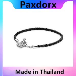 100% S925 Sterling Silver Round Leather Rope Bracelet for Women