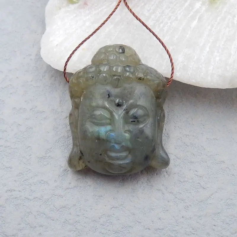 Labradorite Carved Buddha Head Pendant Bead 31x24x11mm