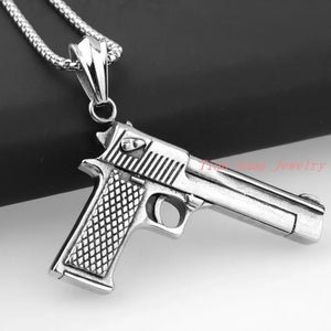 Punk Men Silver Gun Stainless Steel Fire Weapon Pendant Necklace