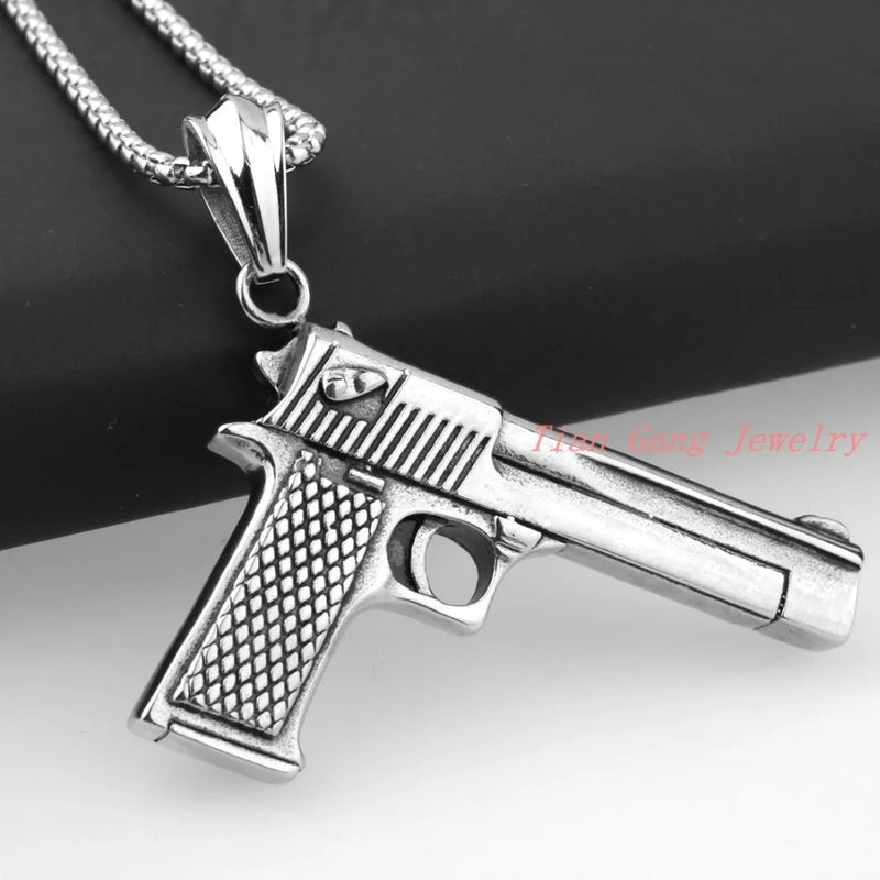 Punk Men Silver Gun Stainless Steel Fire Weapon Pendant Necklace