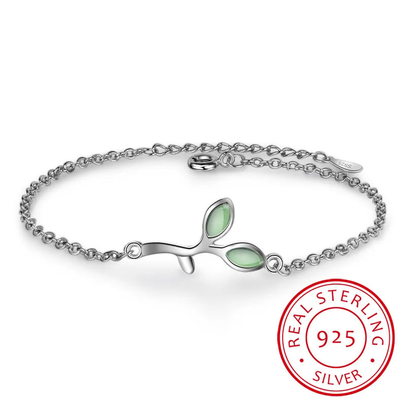 Opal Green Leaf 925 Silver Bracelet for Women