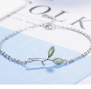 Opal Green Leaf 925 Silver Bracelet for Women