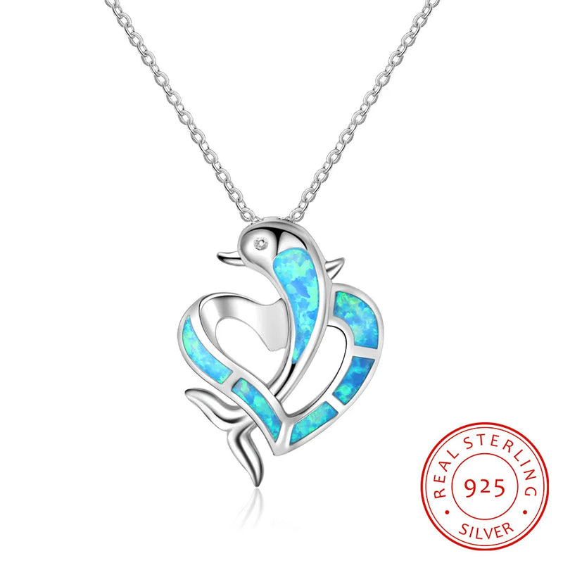 Hot Opal Heart Dolphin Pendant Necklace Birthstone Birthday Gift For Women Girls