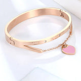 Roman Numeral Bangle with Pink Heart Stainless Steel Bracelet