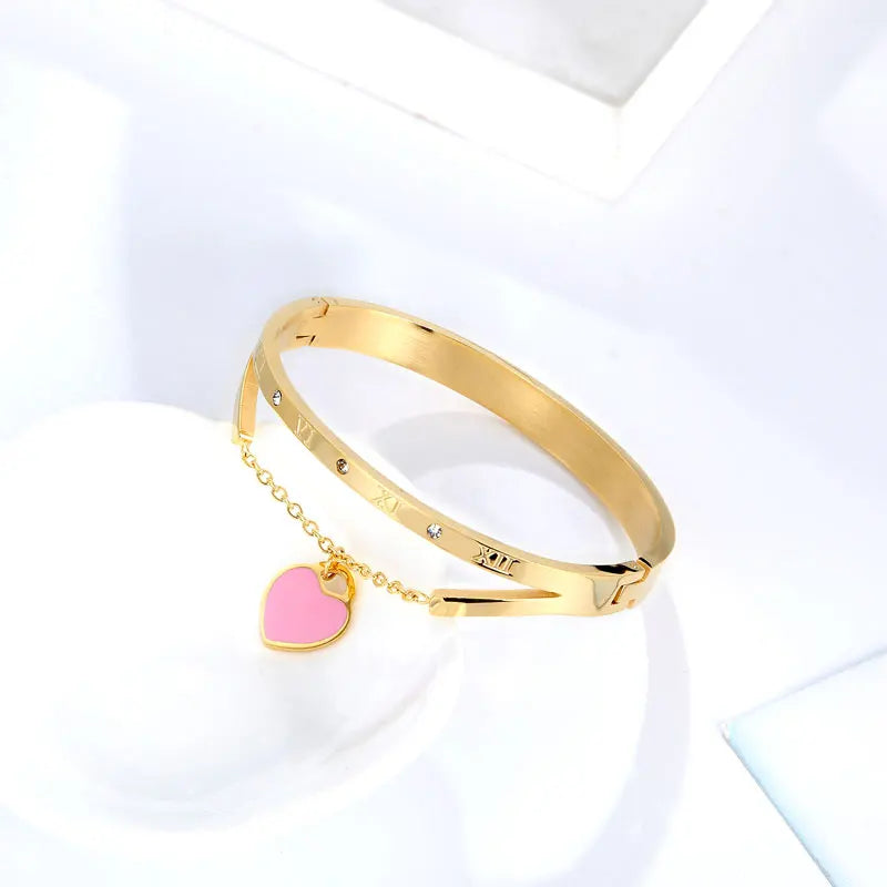 Roman Numeral Bangle with Pink Heart Stainless Steel Bracelet
