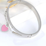 Roman Numeral Bangle with Pink Heart Stainless Steel Bracelet