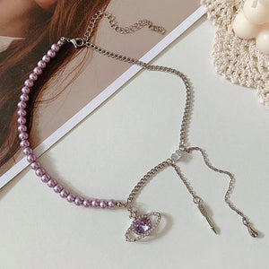 Purple Planet Heart Necklace Vintage Beach Jewelry