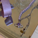 Purple Planet Heart Necklace Vintage Beach Jewelry