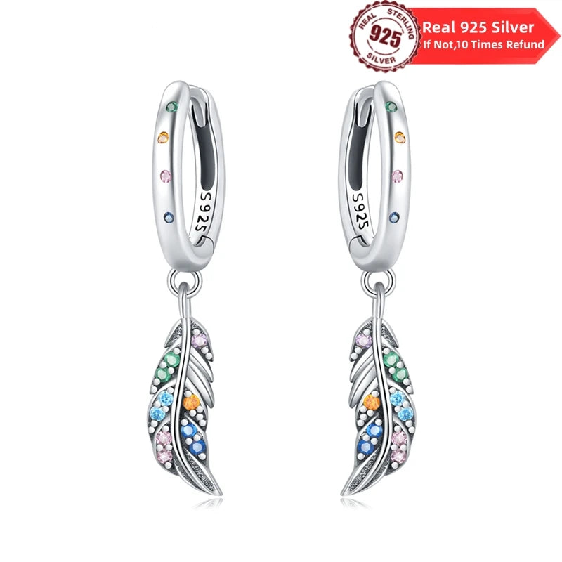 Real 925 Sterling Silver Colorful Hoop Earrings with Zircon Inlay