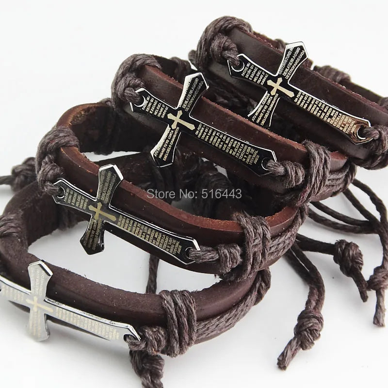 Religious Stainless Steel Leather Cross Bracelets Lot