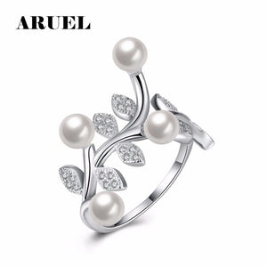 Romantic Flower Leaf Wedding Jewelry Crystal Pearl Rings Women Party Engagement