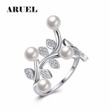 Romantic Flower Leaf Wedding Jewelry Crystal Pearl Rings Women Party Engagement
