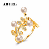 Romantic Flower Leaf Wedding Jewelry Crystal Pearl Rings Women Party Engagement