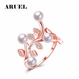 Romantic Flower Leaf Wedding Jewelry Crystal Pearl Rings Women Party Engagement