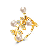 Romantic Flower Leaf Wedding Jewelry Crystal Pearl Rings Women Party Engagement