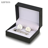 Silver Round Letters B Cufflinks & Tie Clip Set Men Shirt Cuffs Button