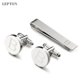 Silver Round Letters B Cufflinks & Tie Clip Set Men Shirt Cuffs Button