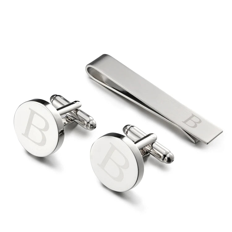 Silver Round Letters B Cufflinks & Tie Clip Set Men Shirt Cuffs Button