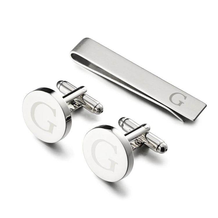 Silver G Alphabet Cufflinks & Tie Clip Set Men Shirt Cuffs Button