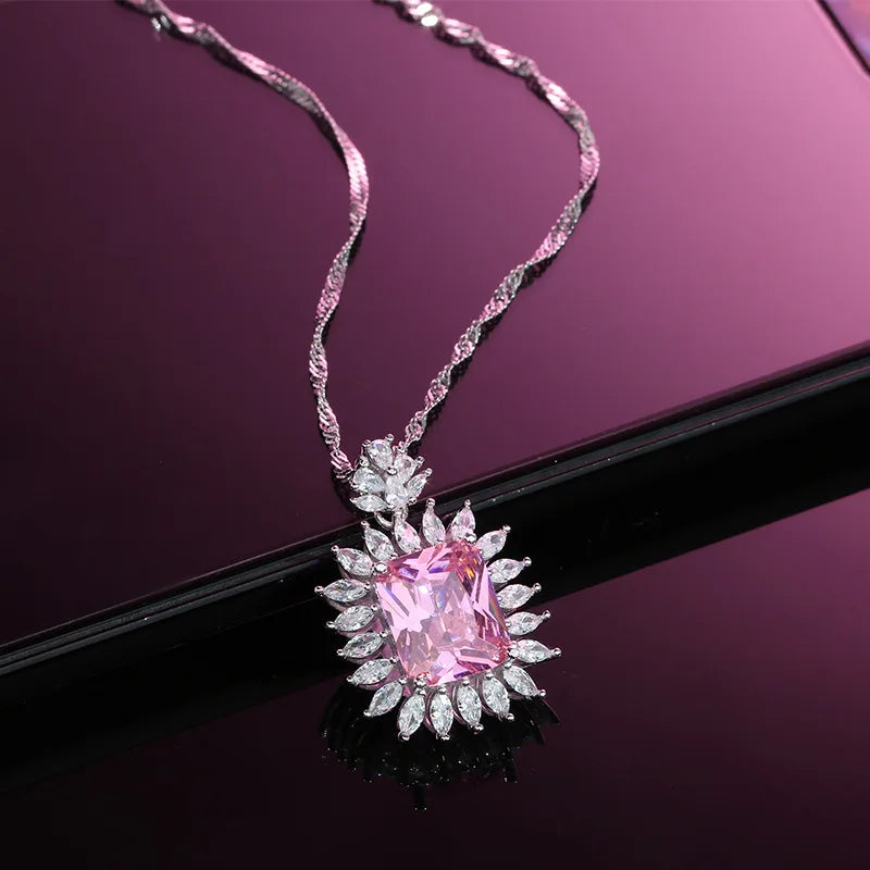 S925 Silver Pink Crystal Pendant Necklace High Carbon Diamond