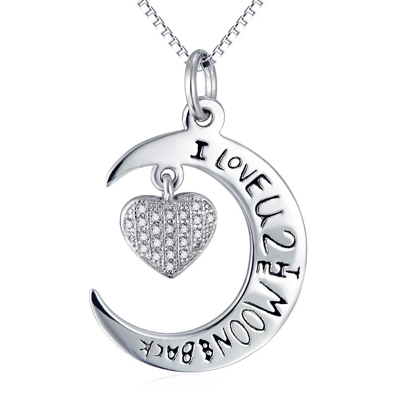 S925 Sterling Silver Heart Moon Pendant Necklace Crystal Heart Jewelry