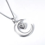 S925 Sterling Silver Heart Moon Pendant Necklace Crystal Heart Jewelry