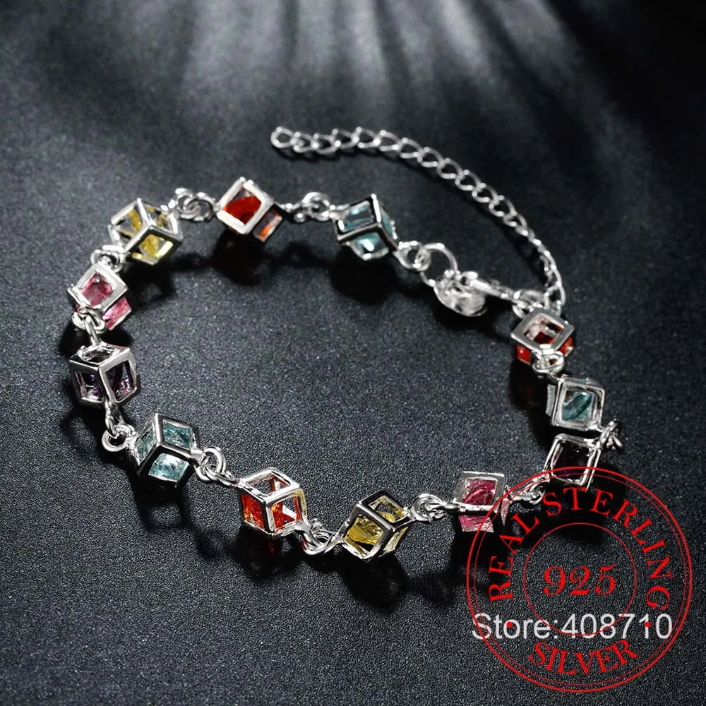 Sterling Silver Happiness Cube Bracelet Multicolored Crystal Rainbow Jewelry
