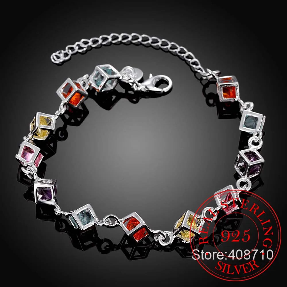 Sterling Silver Happiness Cube Bracelet Multicolored Crystal Rainbow Jewelry