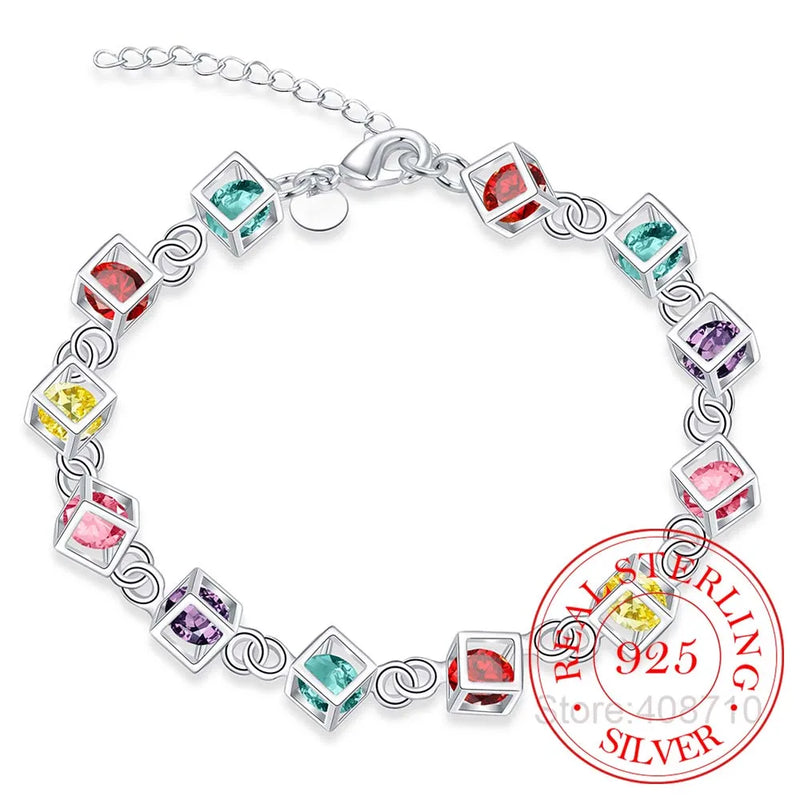 Sterling Silver Happiness Cube Bracelet Multicolored Crystal Rainbow Jewelry