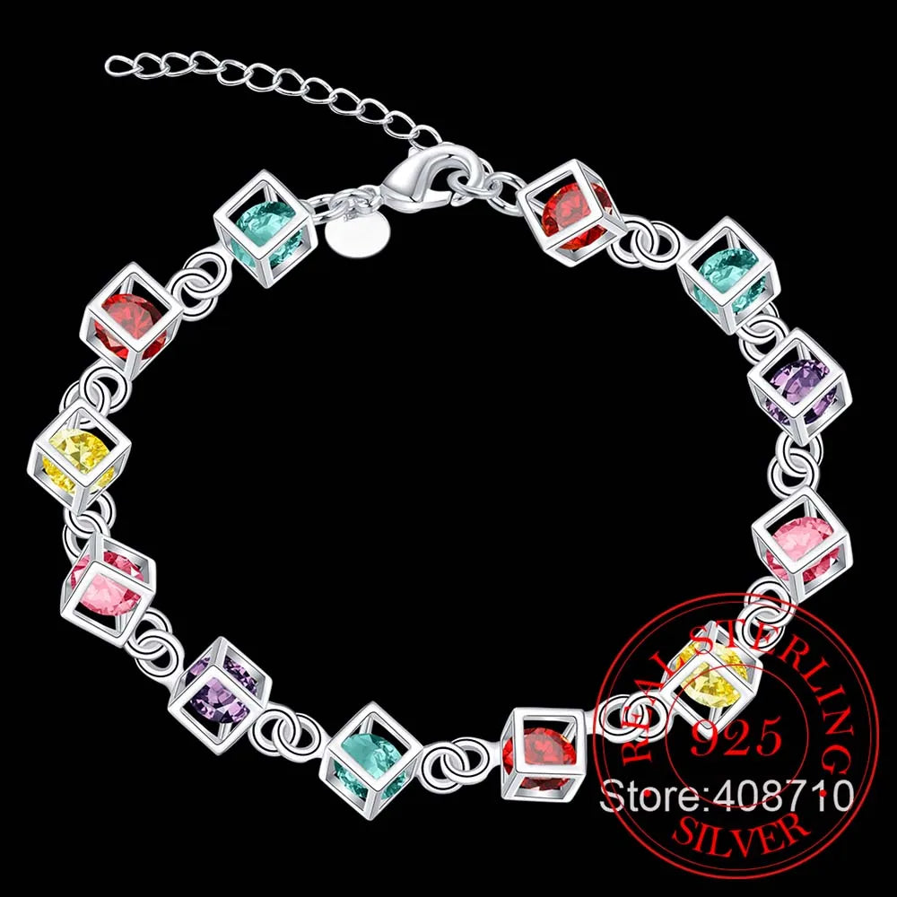 Sterling Silver Happiness Cube Bracelet Multicolored Crystal Rainbow Jewelry
