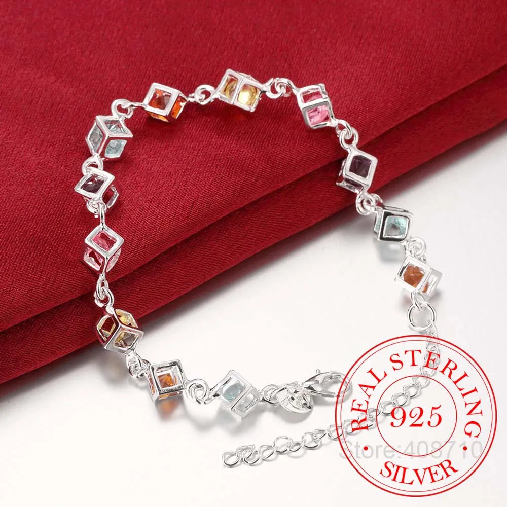 Sterling Silver Happiness Cube Bracelet Multicolored Crystal Rainbow Jewelry