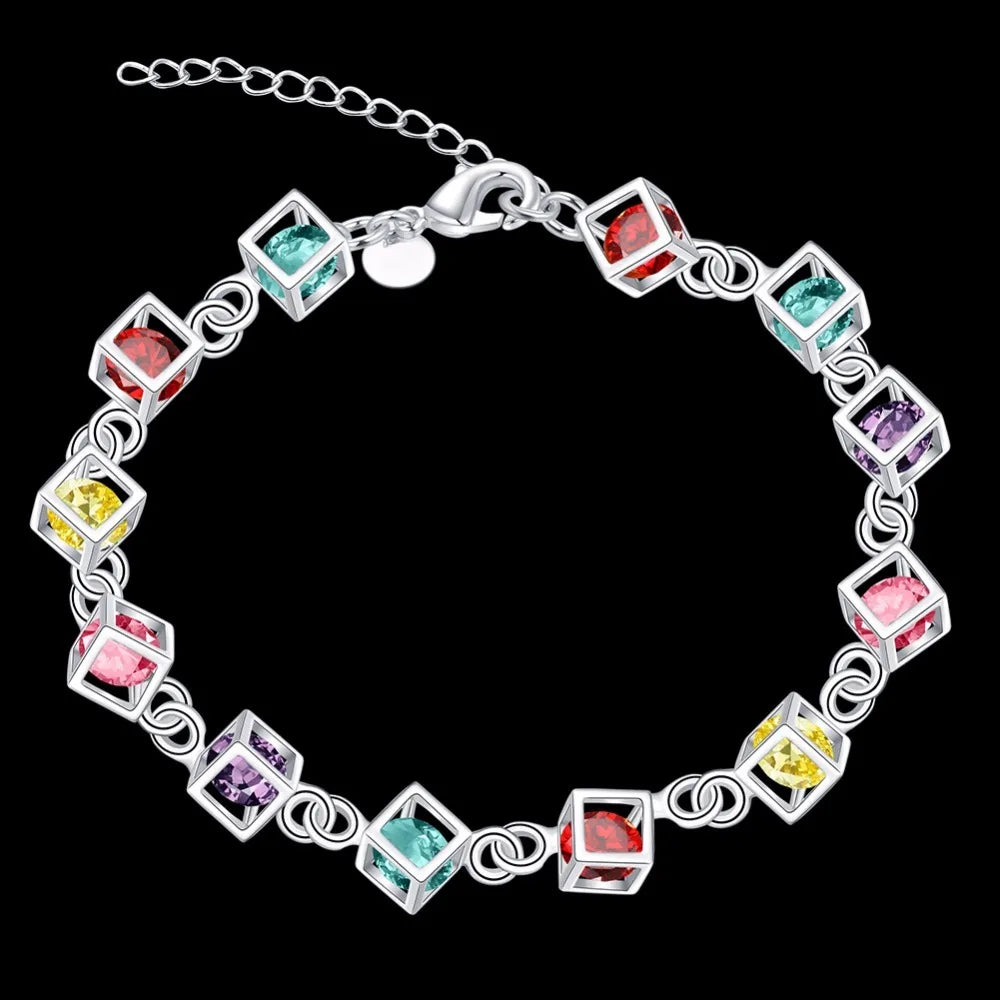 925 Silver Woman Bracelet with Multicolored Cube Crystal