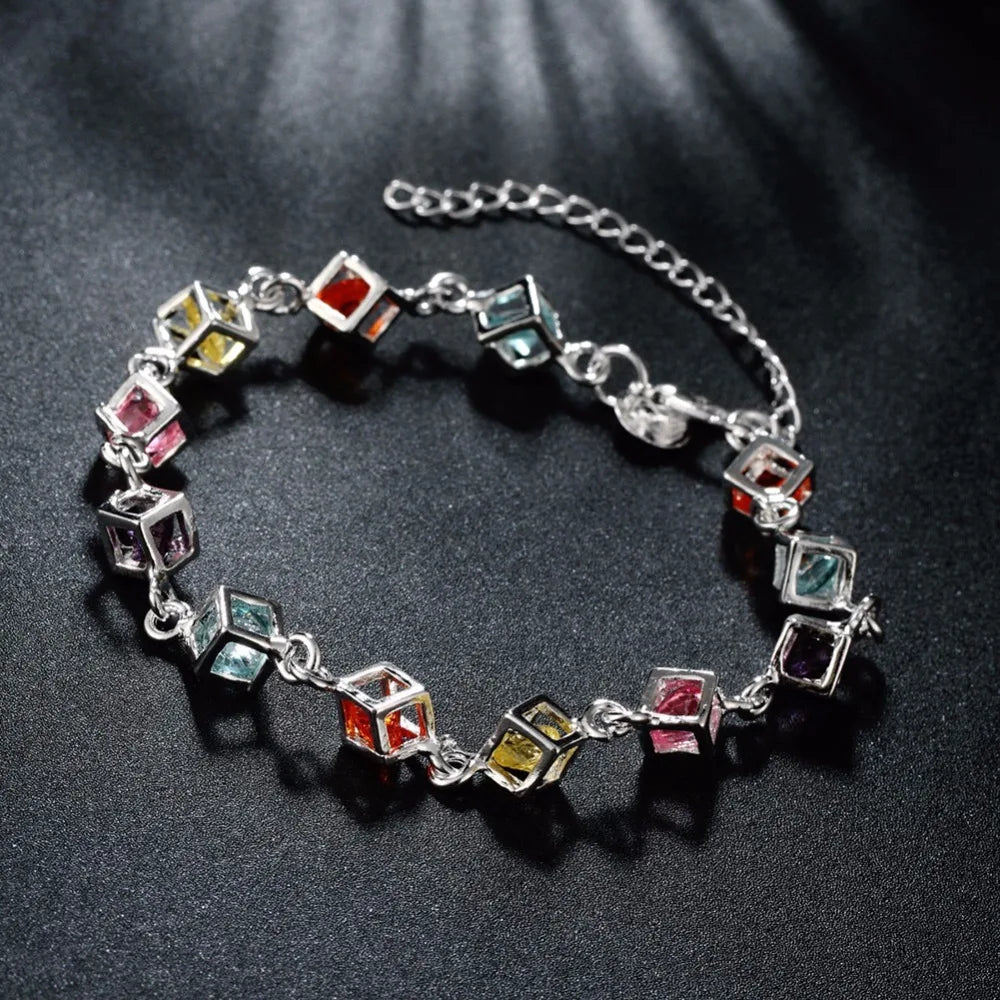 925 Silver Woman Bracelet with Multicolored Cube Crystal
