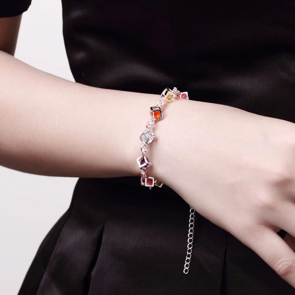 925 Silver Woman Bracelet with Multicolored Cube Crystal