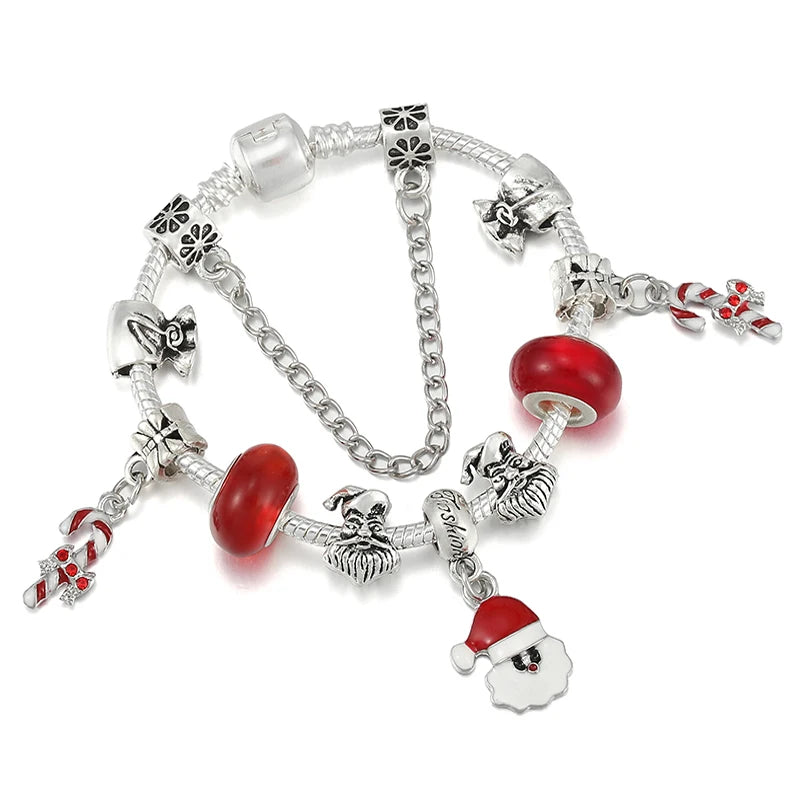 Silver Charm Bracelet Red Santa Candy DIY Christmas Jewelry Gift