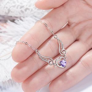 Silver Love Angel Wings Necklace Heart Crystal Zirconia Women Birthday Present