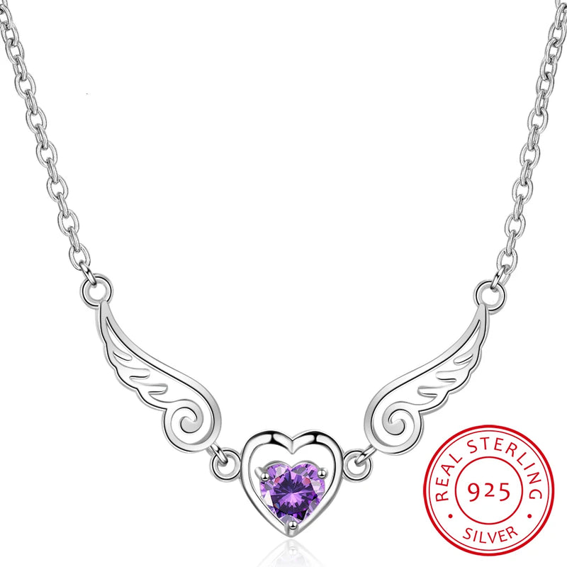 Silver Love Angel Wings Necklace Heart Crystal Zirconia Women Birthday Present