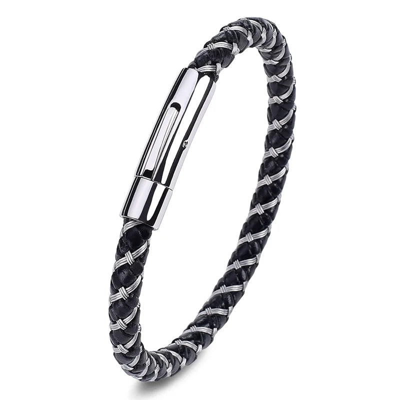 Stainless Steel Buckle Leather Bracelet 6mm Wristband