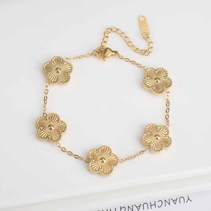 Stainless Steel Laser Five Leaf Flower Petal Adjustable Clover Bracelet
