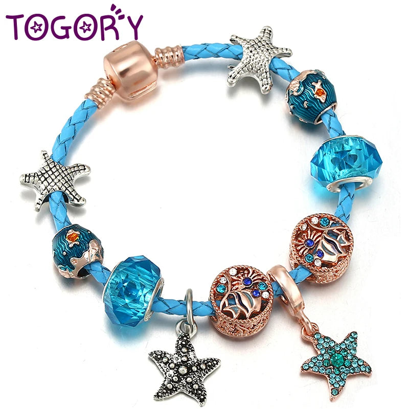 Crystal Starfish Charm Bracelet Leather Chain Women Jewelry Gift