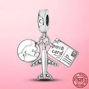 925 Silver Travel Charm: Plane & Postcard Beads Pendant