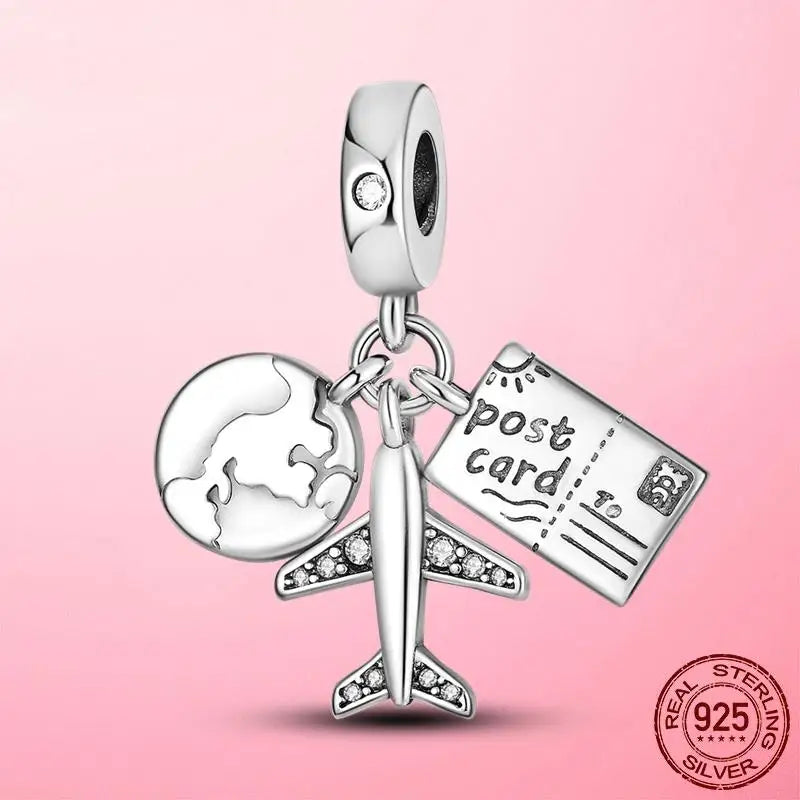 925 Silver Travel Charm: Plane & Postcard Beads Pendant