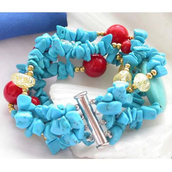 Unique AA 4Row 8'' Turquoise Red Coral Handwork Fine Jewelry Women Gift